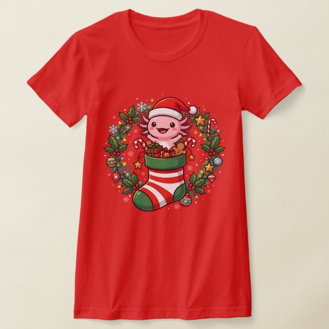 Axolotl in Christmas Socks Santa Claus Lights Xmas T Shirt (Laydown)