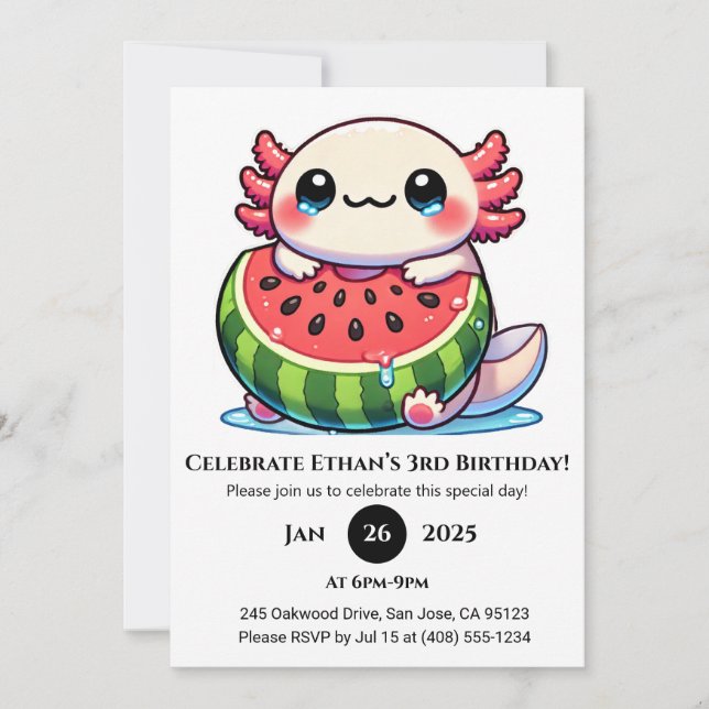 Axolotl in Watermelon Float Birthday Inbjudningar (Framsida)