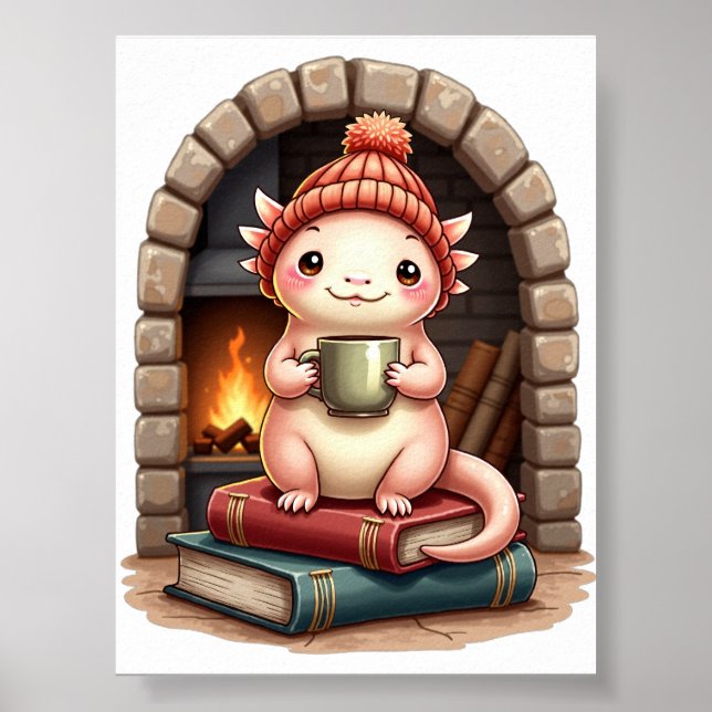 Axolotl Kaffeberoende Kawaii - Mysig Läsningsvrå D Poster (Framsidan)