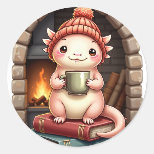 Axolotl Kaffeberoende Kawaii - Mysig Läsnoja D Runt Klistermärke