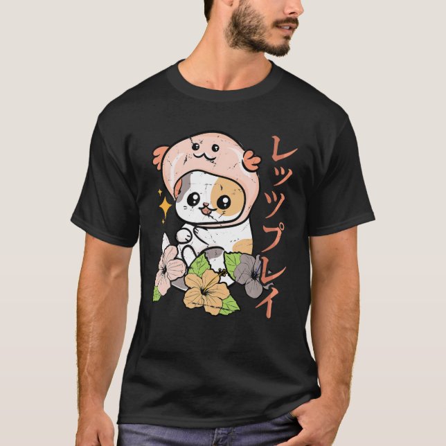 Axolotl - Kawaii Anime Cat - Blommor japanska Öst T Shirt (Framsida)