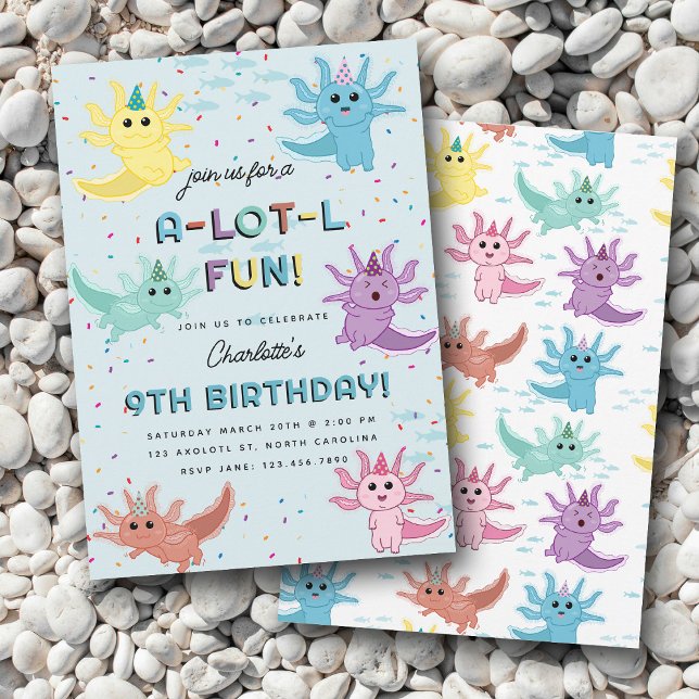 Axolotl Kids Cute Salamander Blue Födelsedagsfest Inbjudningar (Axolotl Kids Cute Salamander Blue Birthday Party Invitation)