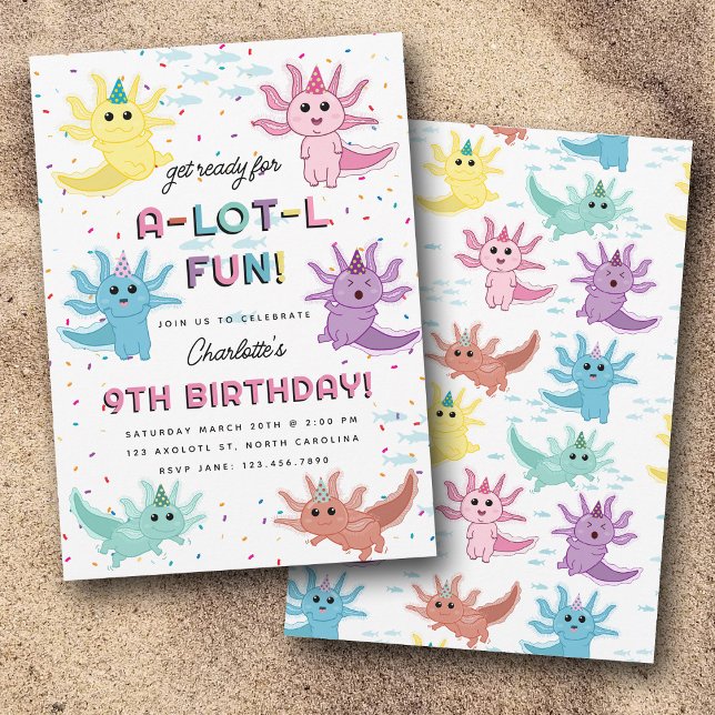 Axolotl Kids Cute Salamander Födelsedagsfest Inbjudningar (Axolotl Kids Cute Salamander Birthday Party Invitation)