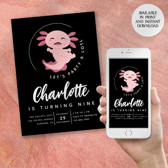 Axolotl Låt oss Party Alotl Födelsedagsfest Inbjudningar (Skapare uppladdad)