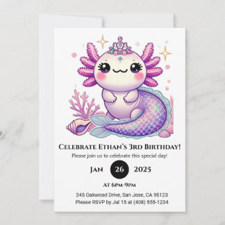 Axolotl Mermaid Princess Birthday Inbjudningar