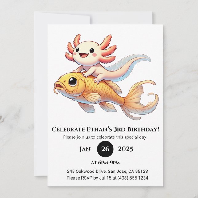 Axolotl on Koi Birthday Inbjudningar (Framsida)