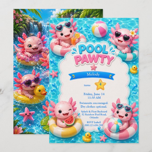 Axolotl Pool Party Födelsedagsinbjudan Inbjudningar (Fram/baksida)