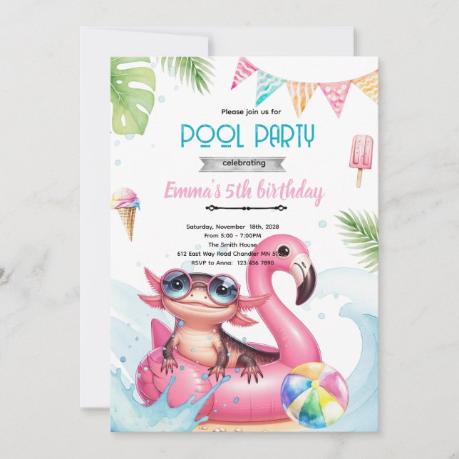 Axolotl pool party tema inbjudan (Framsida)