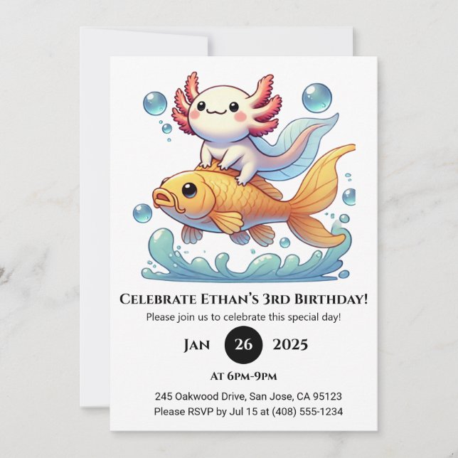 Axolotl Riding Goldfish Birthday Inbjudningar (Framsida)