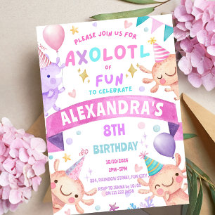 Axolotl Rosa Girl Cute Salamander Aquatic Birthday Inbjudningar