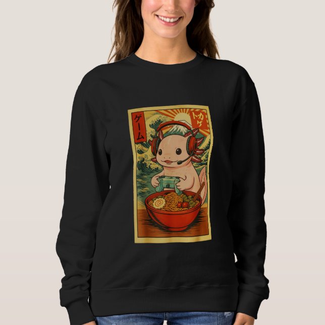 Axolotl Salamander Gaming Ramen Ukiyo-e Great Wave T Shirt (Framsida)