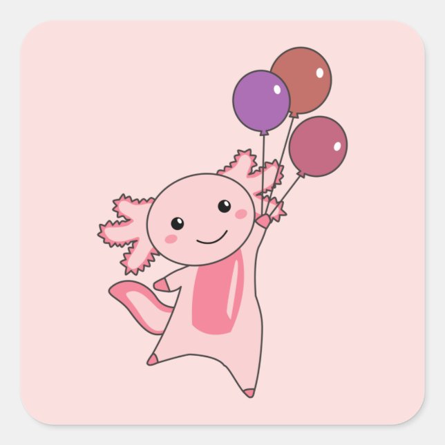 Axolotl, sötdjur, flugor med ballonger uppåt fyrkantigt klistermärke (Framsida)