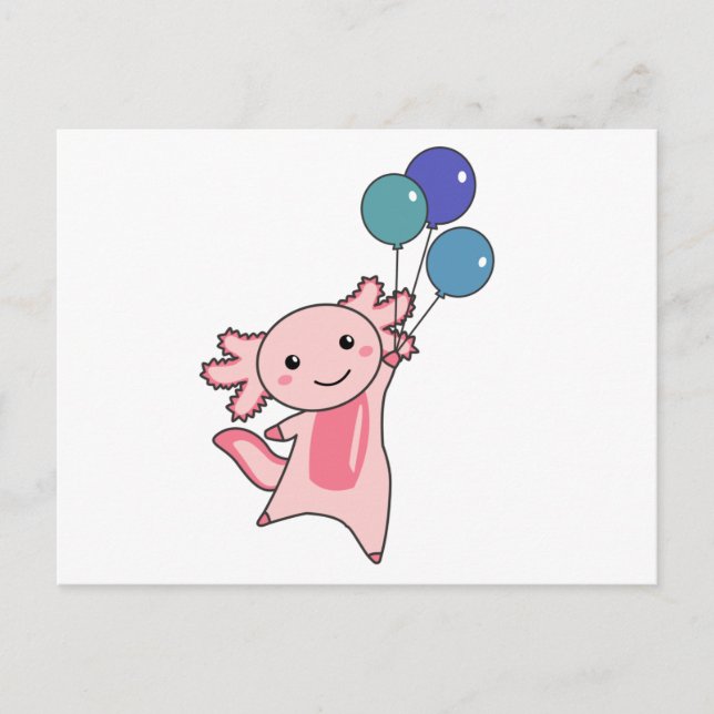 Axolotl, sötdjur, flugor med ballonger uppåt vykort (Framsida)