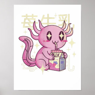 Axolotl Strawberry Mjölk Japan Stil Japanska Kawai Poster