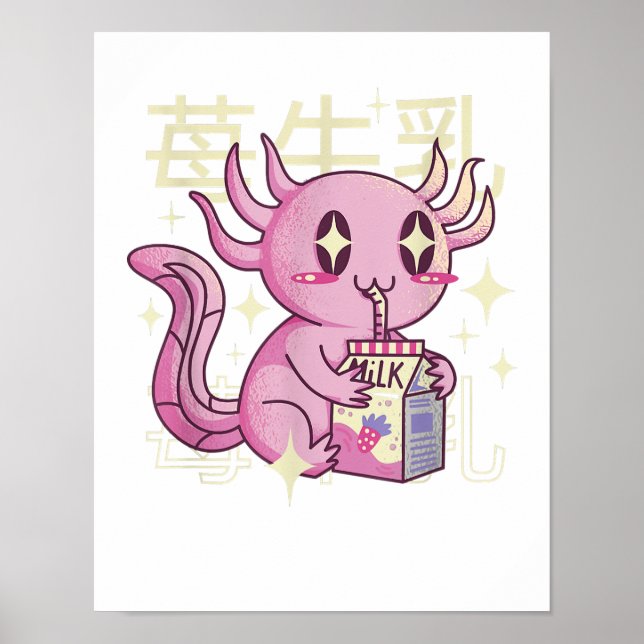 Axolotl Strawberry Mjölk Japan Stil Japanska Kawai Poster (Framsidan)