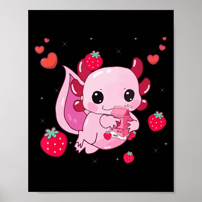 Axolotl Strawberry Mjölk Shake Kawaii Japansk Anim Poster (Framsidan)