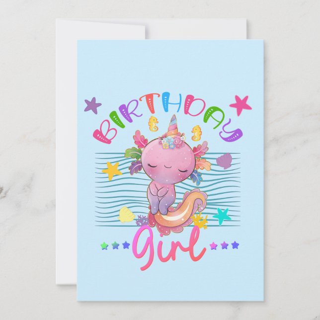 Axolotl Unicorn Birthday Girl Party Theme Colorful Inbjudningar (Framsida)