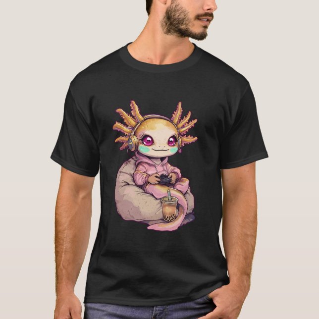 Axolotl Video Games Cute Kawaii Girl Axolotl Gamer T Shirt (Framsida)
