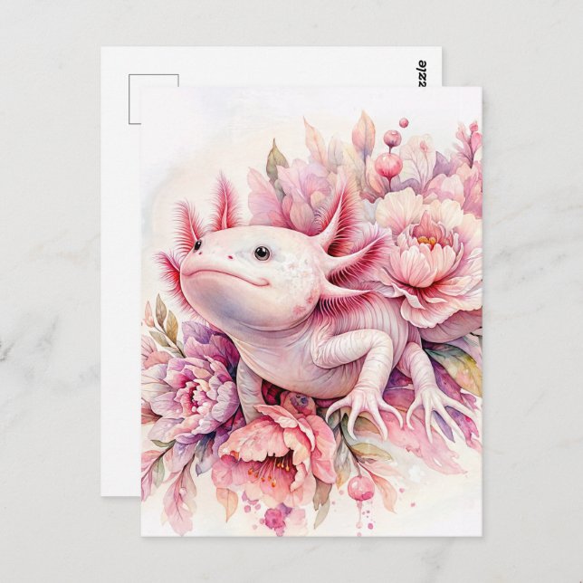 Axolotl Watercolor Rosa Blommigt Postcard Vykort (Fram/baksida)