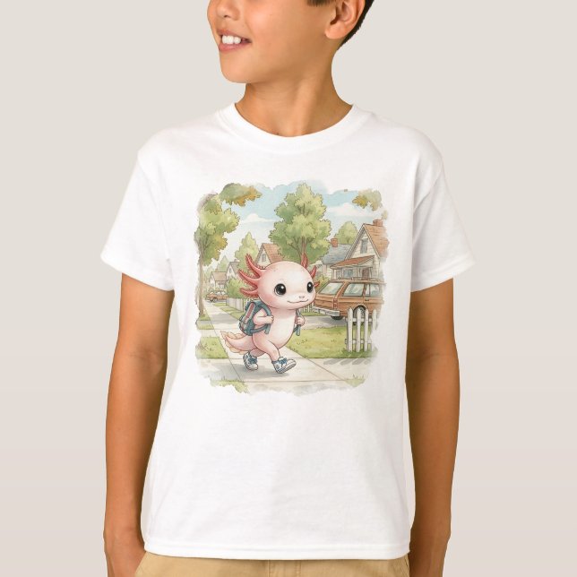 Axolotl with Backpack – Watercolor Kids’ T Shirt (Framsida)