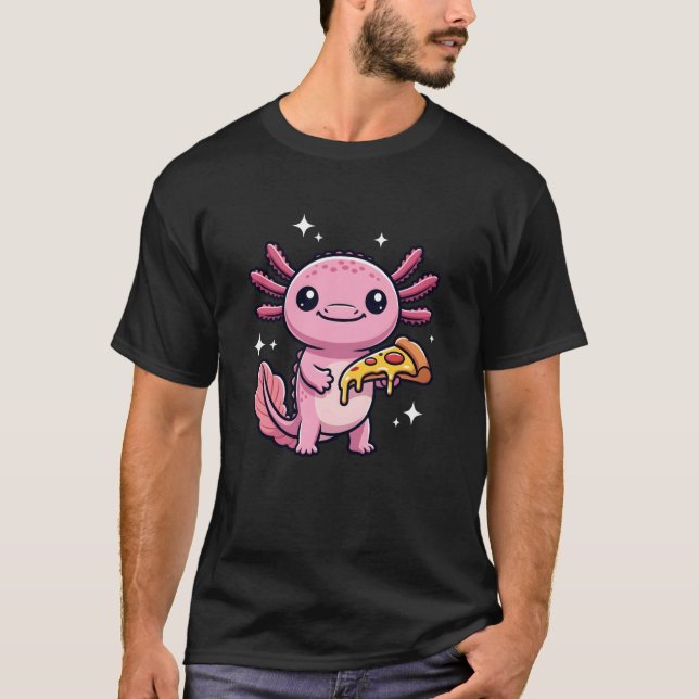 Axolotl with Pizza Kawaii Salamander Cartoon T Shirt (Framsida)