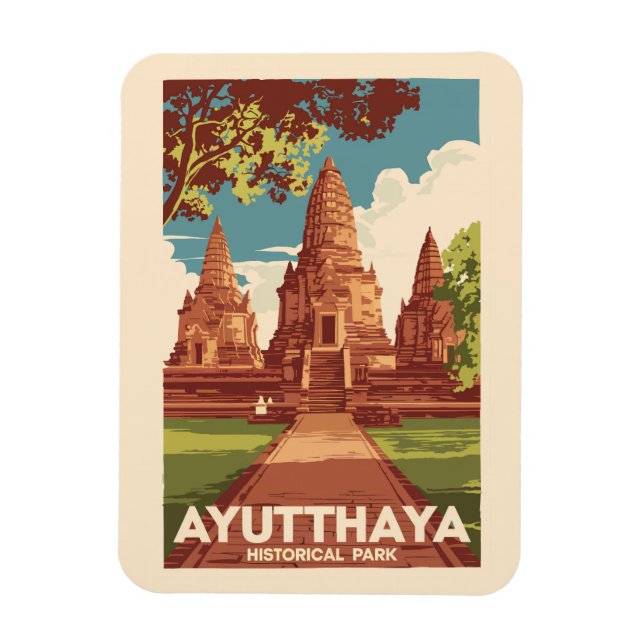 Ayutthaya Historical Park Illustration Travel Art Magnet (Vertikal)