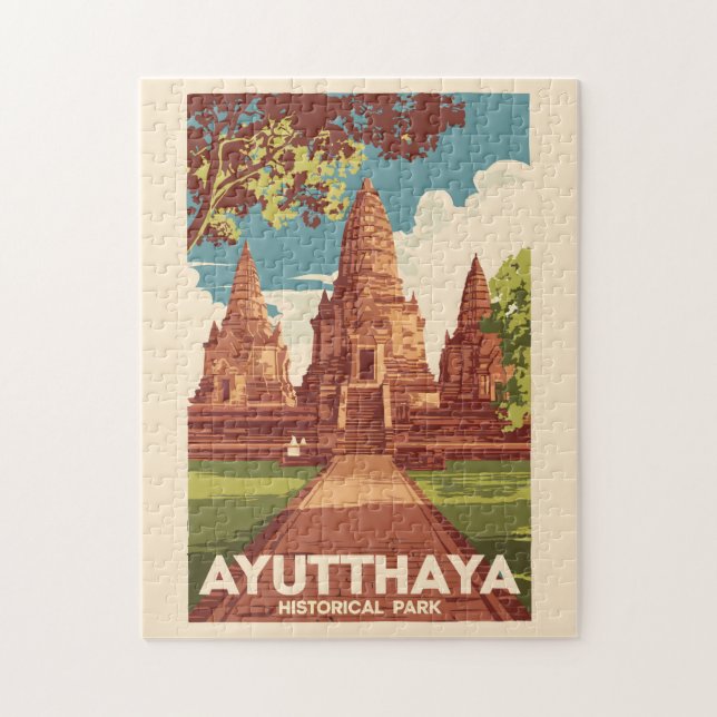 Ayutthaya Historical Park Illustration Travel Art Pussel (Vertikal)