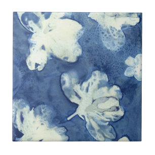 Azalea Dream Blommigt Blue Cyanotype Ceramic Tile Kakelplatta