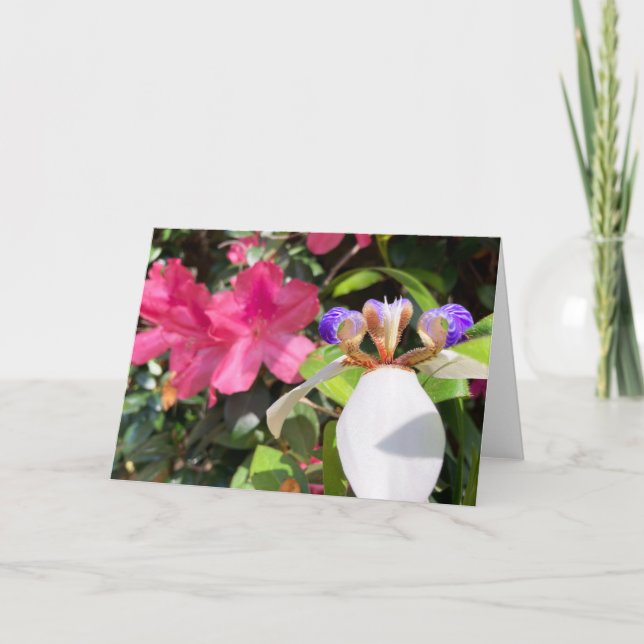 "Azaleas och Walking Iris." Kort för hälsning (Framsida)