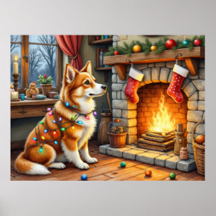 Azawakh sittande vid öppen spis med julbelysning poster
