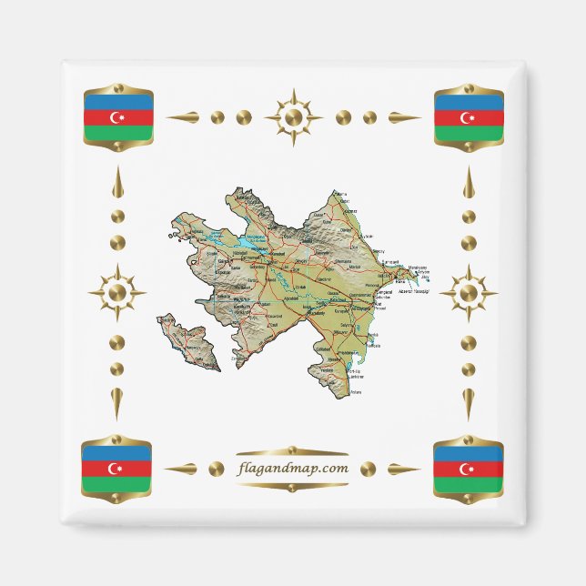 Azerbajdzjan Karta + Flaggor Magnet (Framsidan)