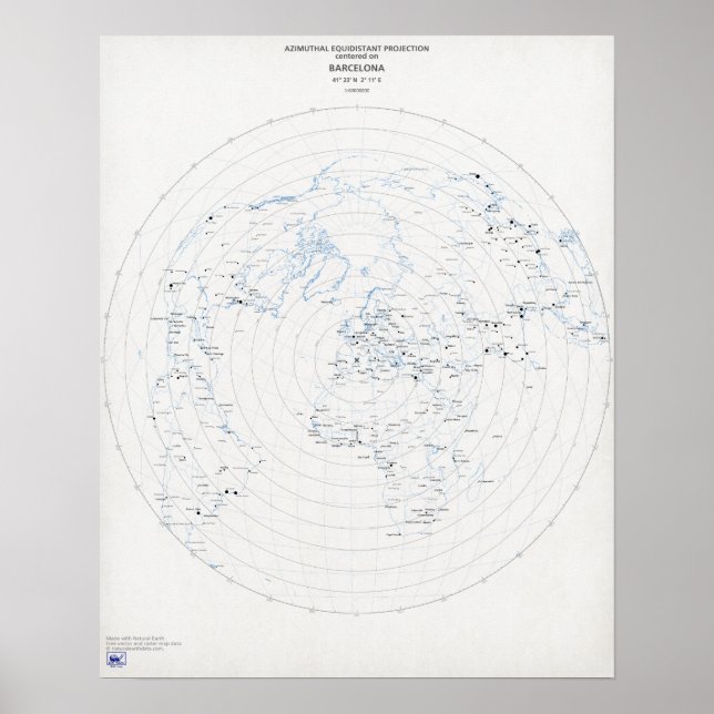 Azimutins världskarta Barcelona Poster (Framsidan)