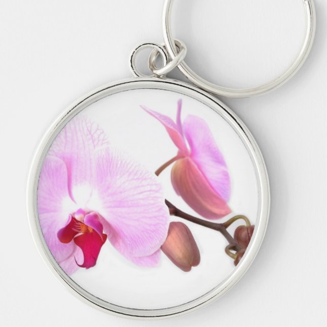Aziza Orchid-Blommar Rund Silverfärgad Nyckelring (Framsidan)
