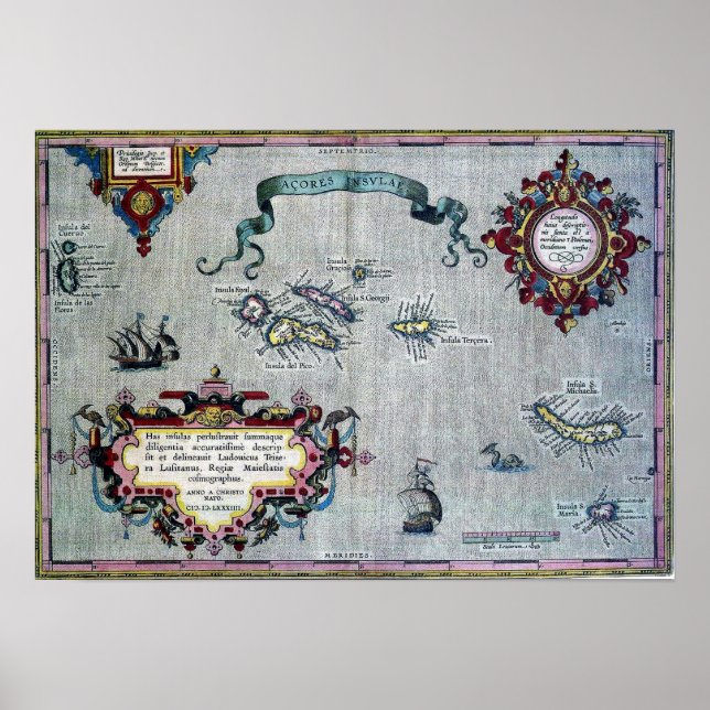 Azorerna Historic Karta Poster (Framsidan)