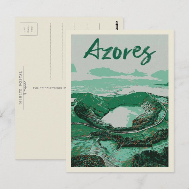 Azorernas öar Volcanic Sjöar Illustration Vykort (Fram/baksida)