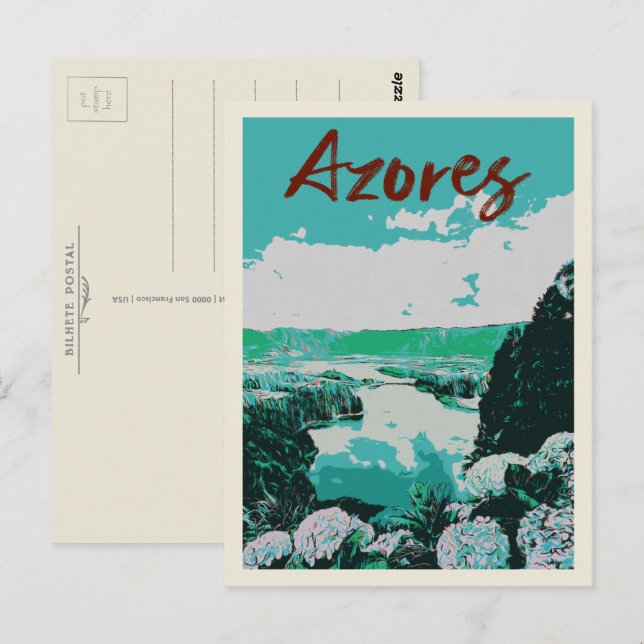 Azorernas öar Volcanic Sjöar Illustration Vykort (Fram/baksida)