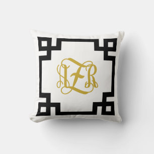 AZR Black och Guld Grekiska Nyckel-skript Monogram Kudde