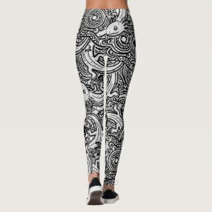 Aztec Axolotl Xolotl Tribal Mönster Svart & Vitt Leggings