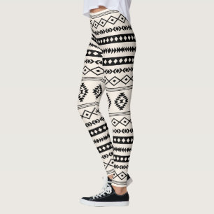Aztec Black på Cream Mixed Motifs Mönster Leggings