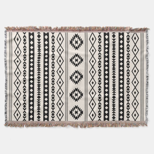 Aztec Black på Cream Mixed Motifs (V) Mönster Filt (Framsidan)
