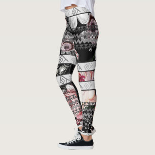 Aztec Blommigt Rosa Lila och Svarta Ro Mönster Leggings