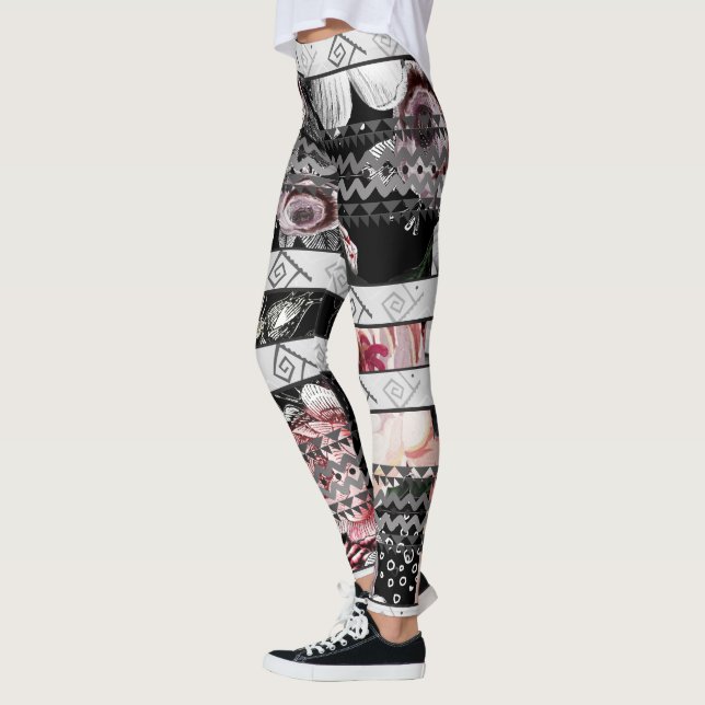 Aztec Blommigt Rosa Lila och Svarta Ro Mönster Leggings (Vänster)