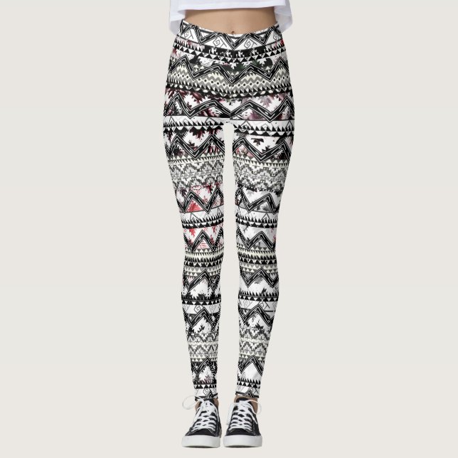 Aztec Blommigt Rosa Lila Vintage Ro Mönster Leggings (Framsida)