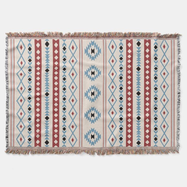 Aztec Blue Red Black Cream Mixed Motifs V Mönster Filt (Framsidan)