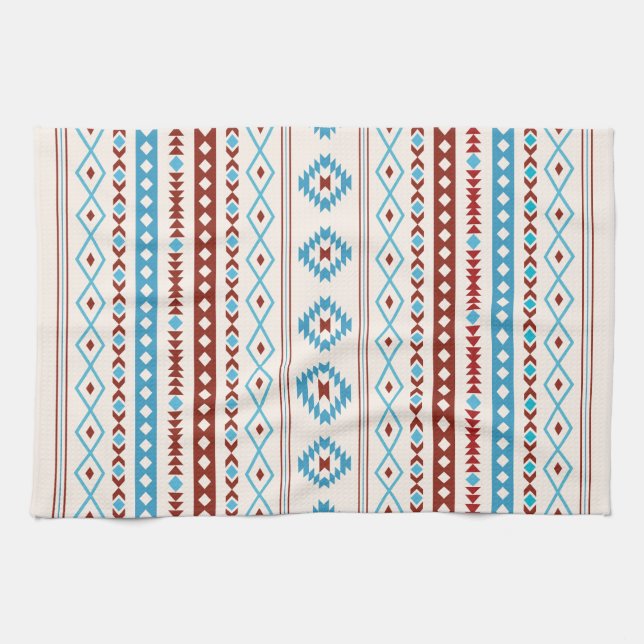 Aztec Blues Red Cream Mixed Motifs Mönster Kökshandduk (Horisontell)