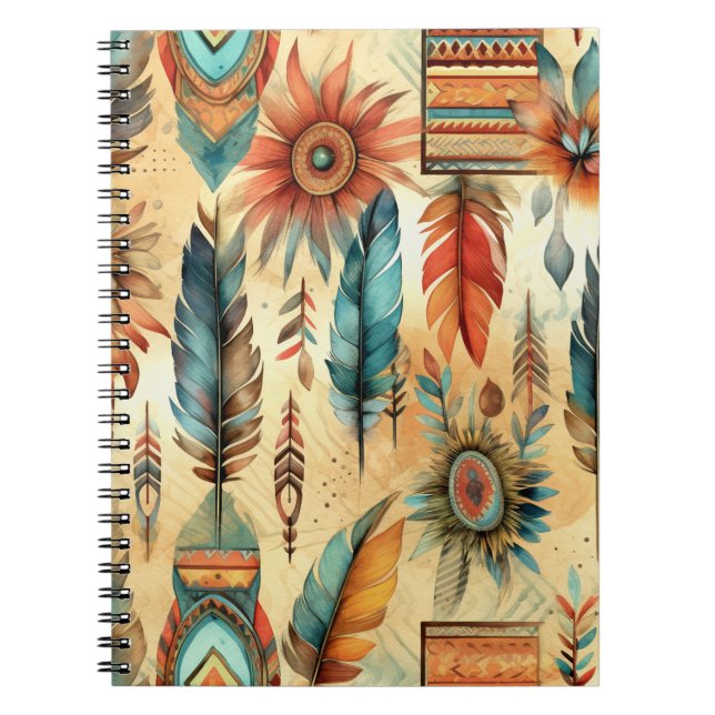 Aztec Boho Tribal Blue Feathers Anteckningsbok (Framsidan)
