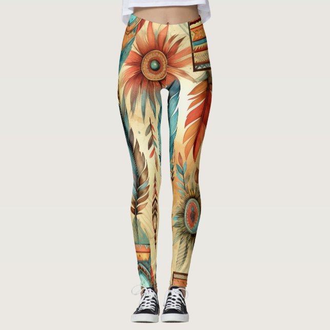 Aztec Boho Tribal Blue Feathers Leggings (Framsida)