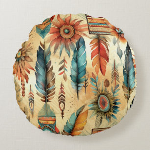 Aztec Boho Tribal Blue Feathers Rund Kudde