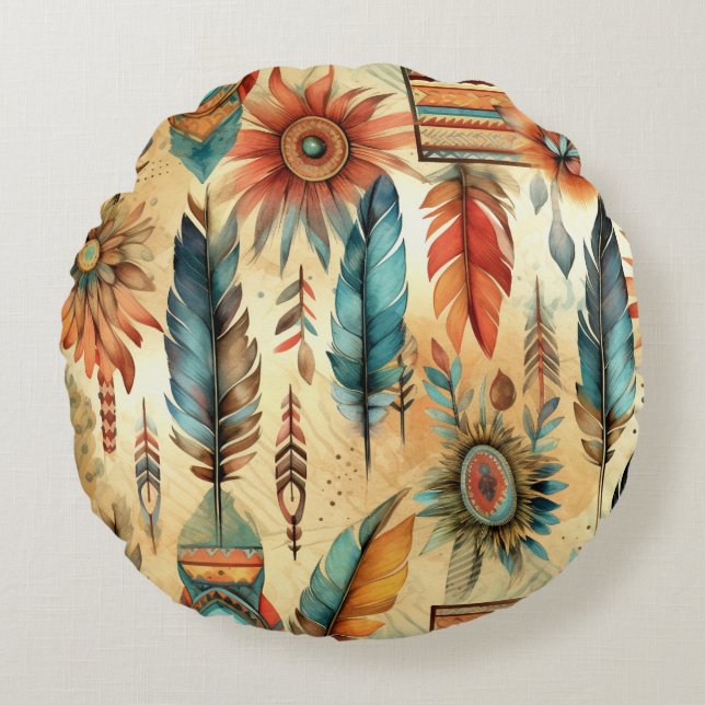 Aztec Boho Tribal Blue Feathers Rund Kudde (Framsidan)