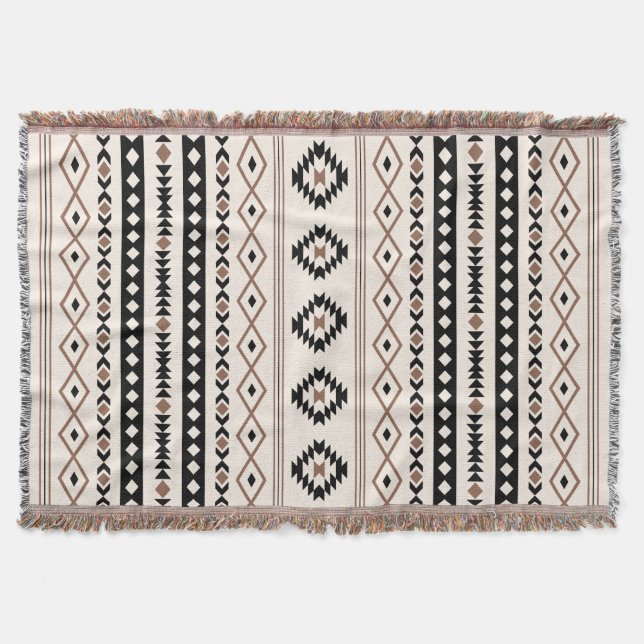 Aztec Brown Black Cream Mixed Motifs Mönster Filt (Framsidan)